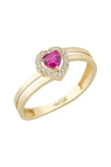 Kalp Figürlü Pembe Taşlı 14 Ayar Altın Yüzük - 1